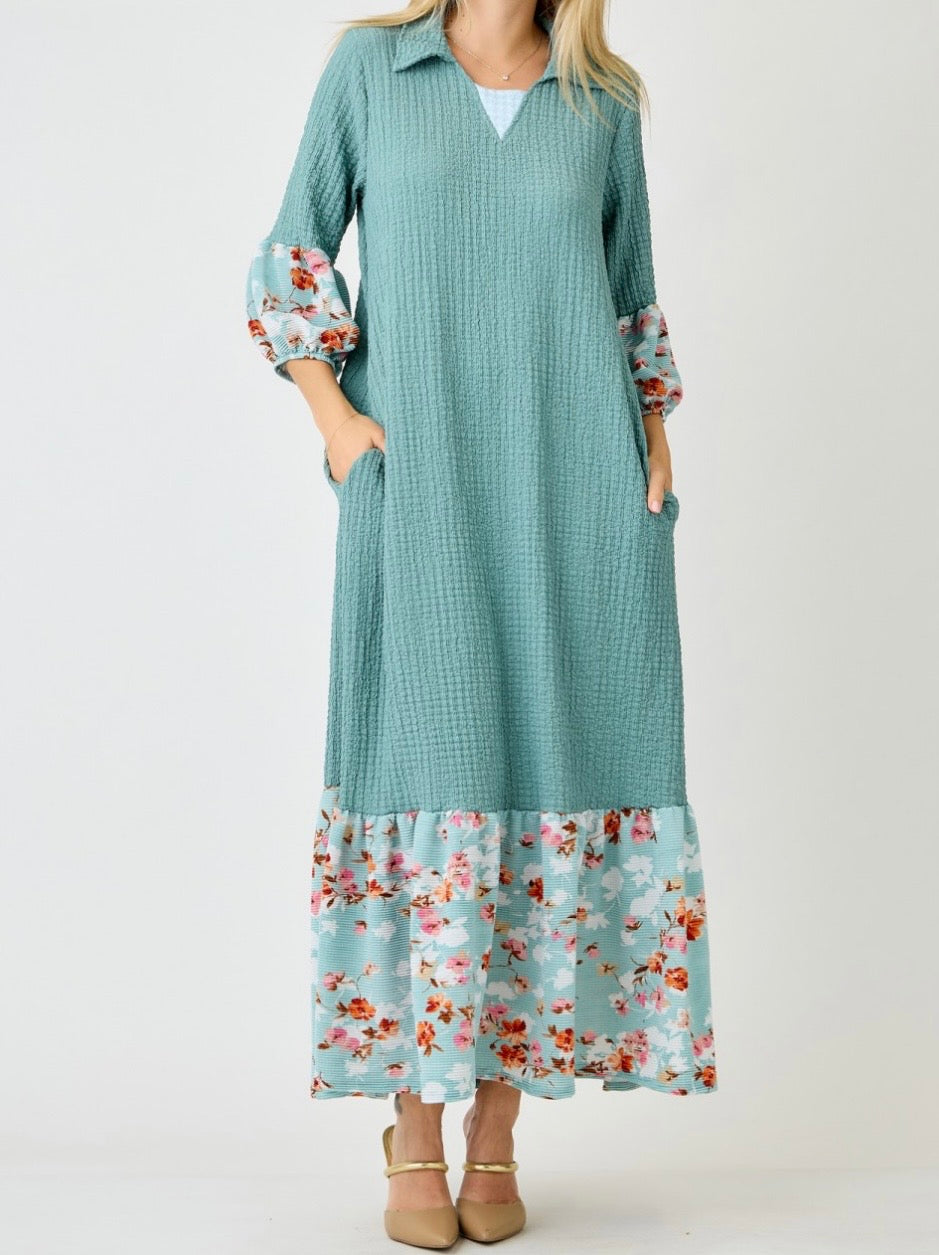 Amita Elegant Dusty Turquoise Textured Contrast Flora Print Dress