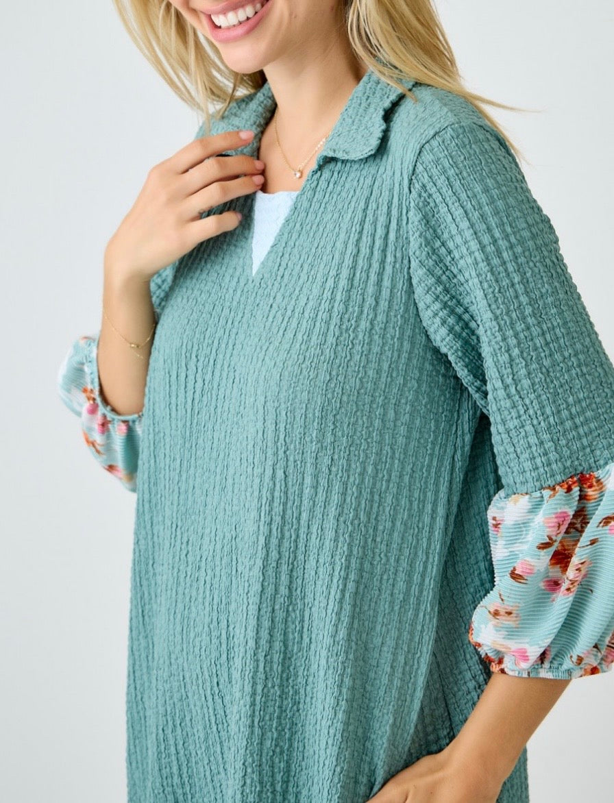 Amita Elegant Dusty Turquoise Textured Contrast Flora Print Dress