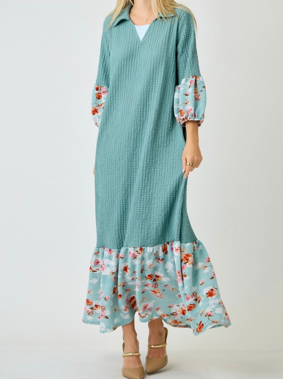 Amita Elegant Dusty Turquoise Textured Contrast Flora Print Dress