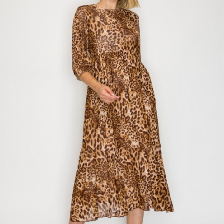 Animal Print Lace Modest Long Tiered Dress with Elastic Waist