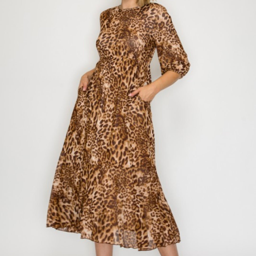Animal Print Lace Modest Long Tiered Dress with Elastic Waist