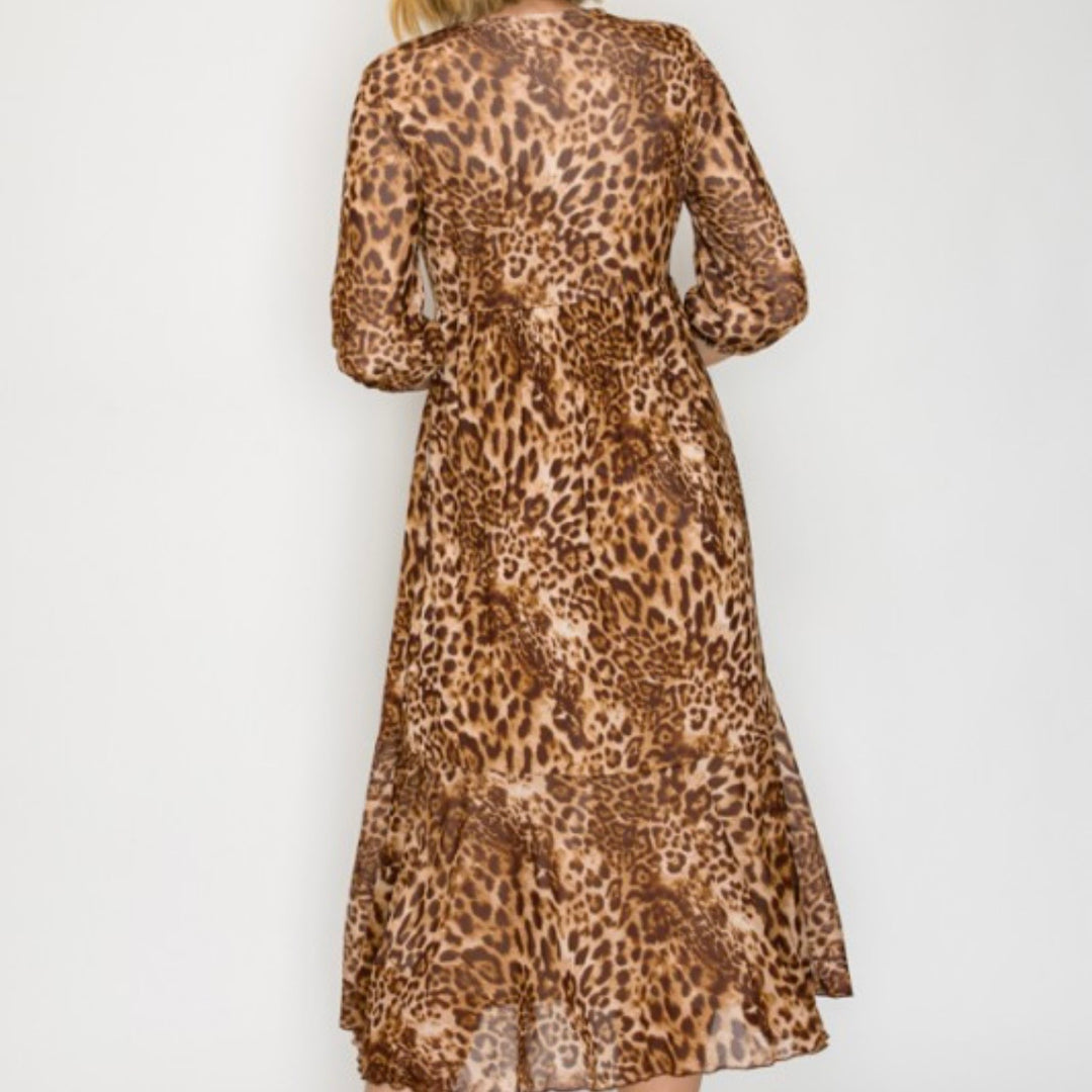 Animal Print Lace Modest Long Tiered Dress with Elastic Waist