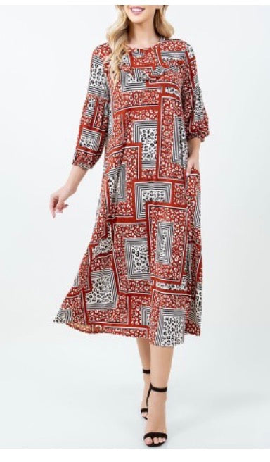 Red Ruffle Geometric Dress