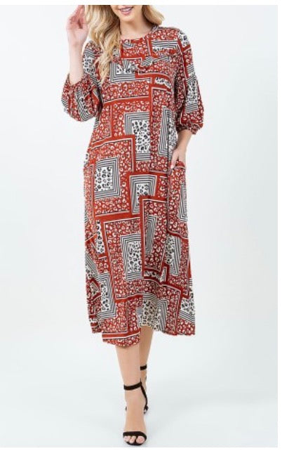 Red Ruffle Geometric Dress