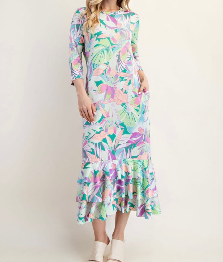 Liza Lou's Tropical Pastel Print Long Layering Dress with Bottom Ruffles
