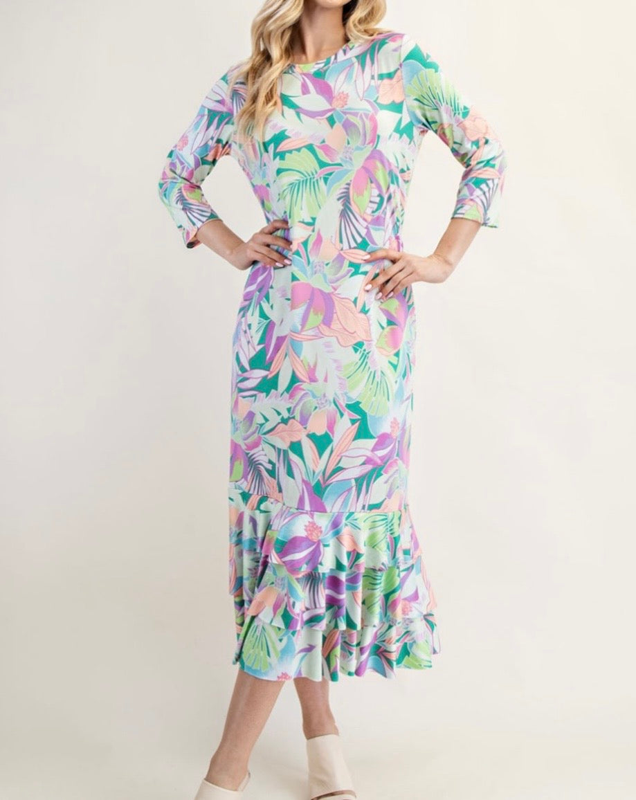 Liza Lou's Tropical Pastel Print Long Layering Dress with Bottom Ruffles