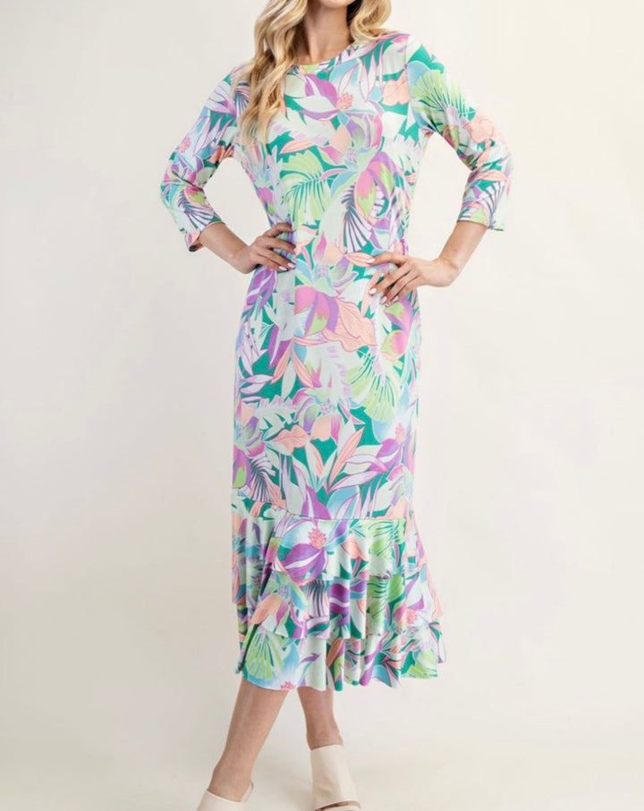 Liza Lou's Tropical Pastel Print Long Layering Dress with Bottom Ruffles