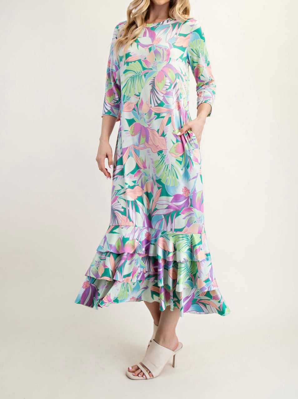 Liza Lou's Tropical Pastel Print Long Layering Dress with Bottom Ruffles