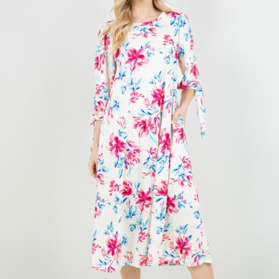 Liza Lou’s Floral Dress with Cute Ties On Sleeves Modest Dress