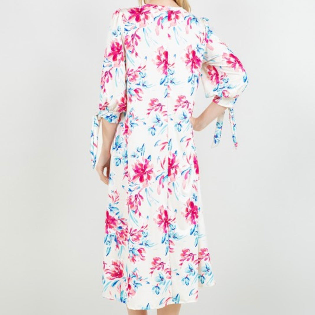 Liza Lou’s Floral Dress with Cute Ties On Sleeves Modest Dress
