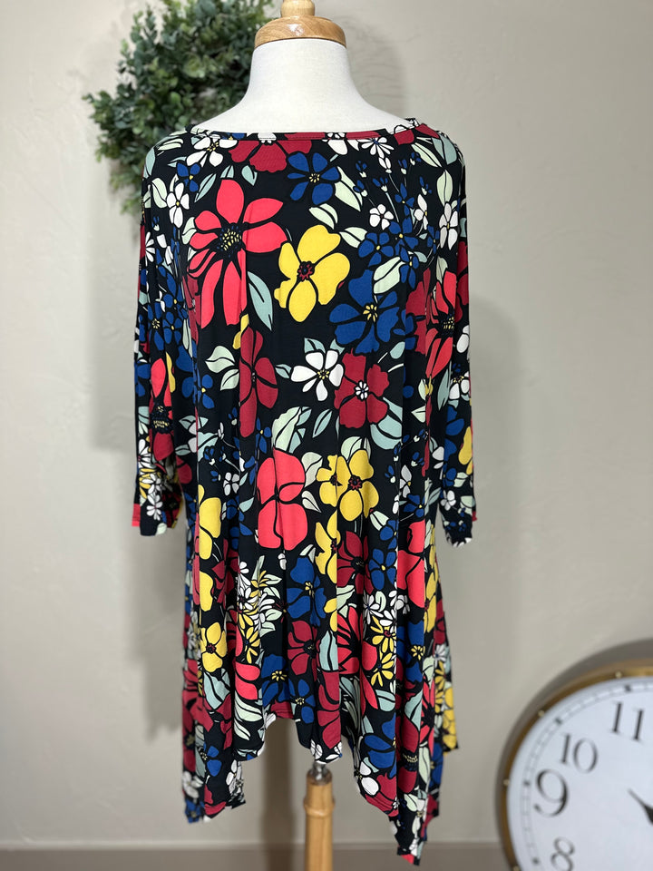 Liza Lou’s Colorful Floral Asymmetrical Drape Top 3X 4X 5X