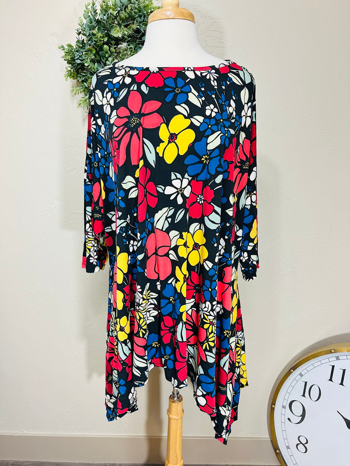 Liza Lou’s Colorful Floral Asymmetrical Drape Top 3X 4X 5X