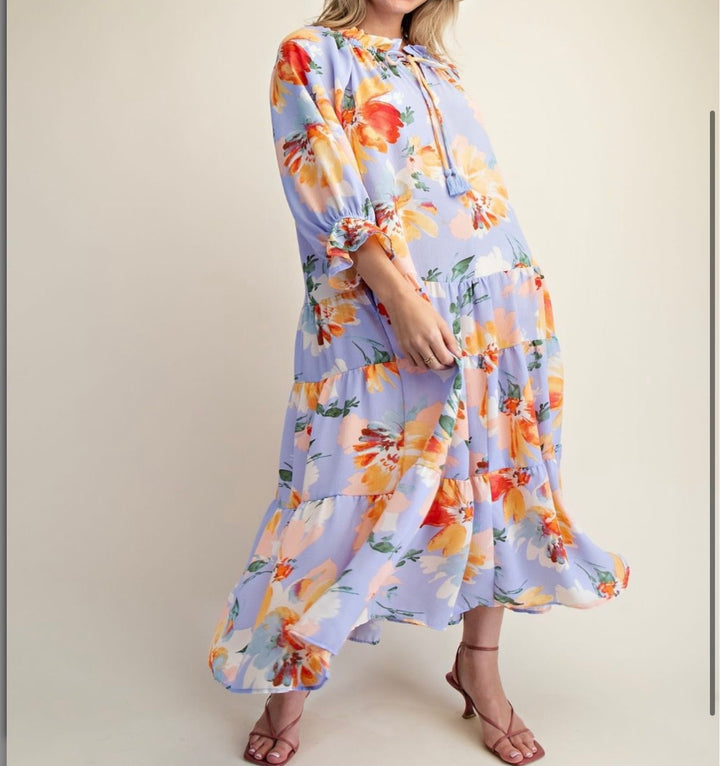 Liza Lou's Women's Maxi Dress Iris Blue with Floral Pattern