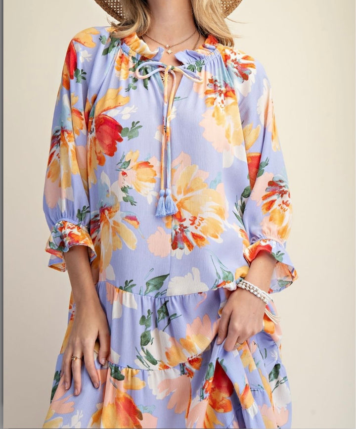 Liza Lou's Women's Maxi Dress Iris Blue with Floral Pattern