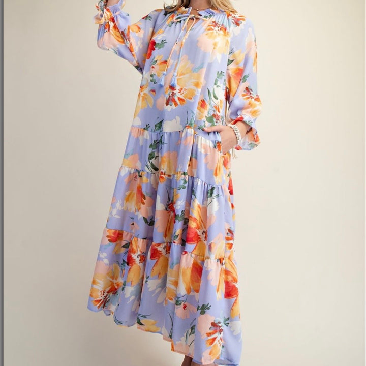 Liza Lou's Women's Maxi Dress Iris Blue with Floral Pattern