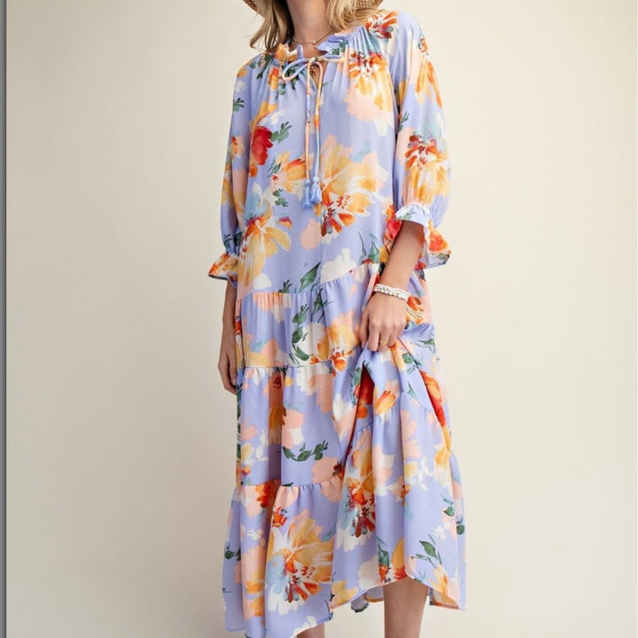 Liza Lou's Women's Maxi Dress Iris Blue with Floral Pattern