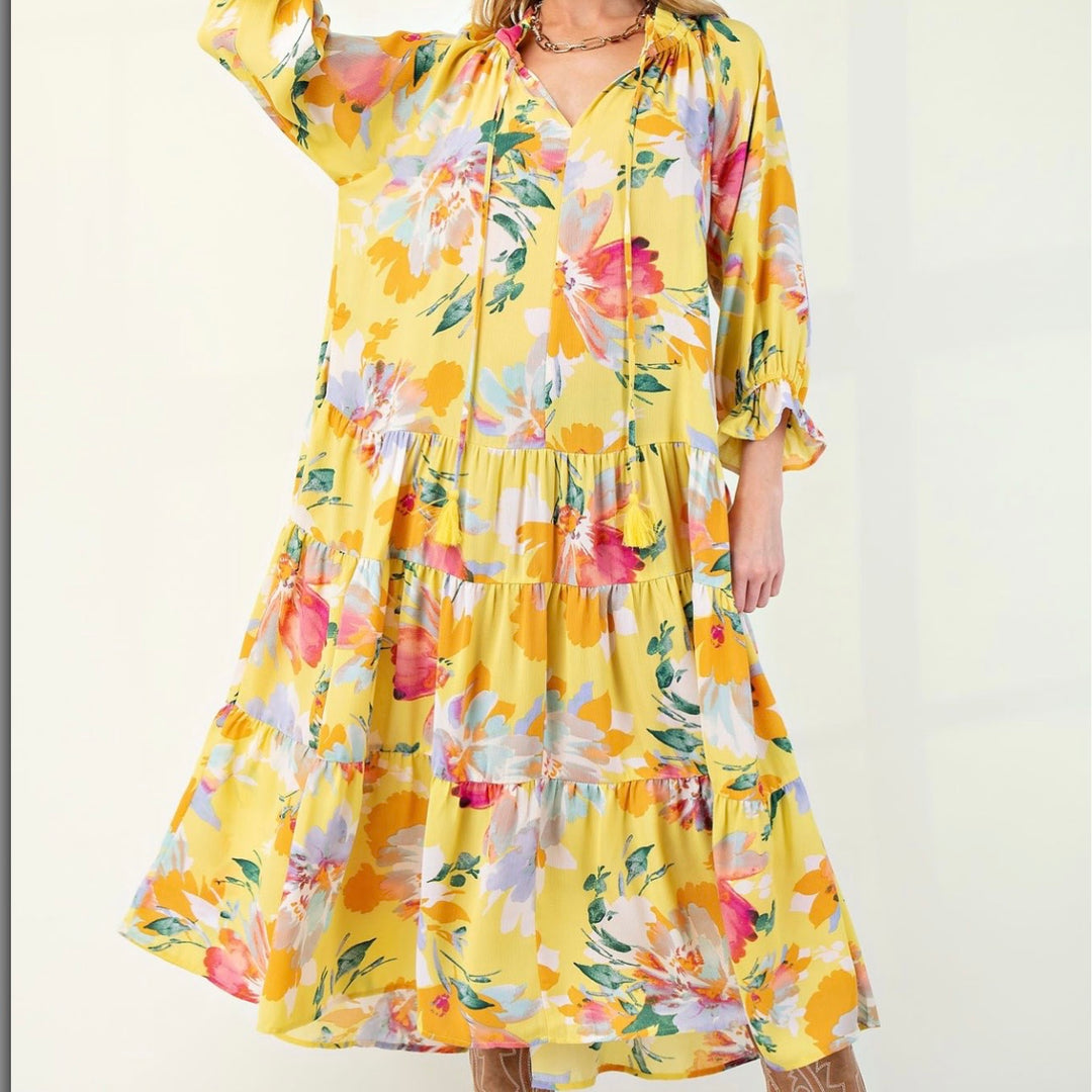 Liza Lou's Women's Maxi Dress Yellow with Floral Pattern