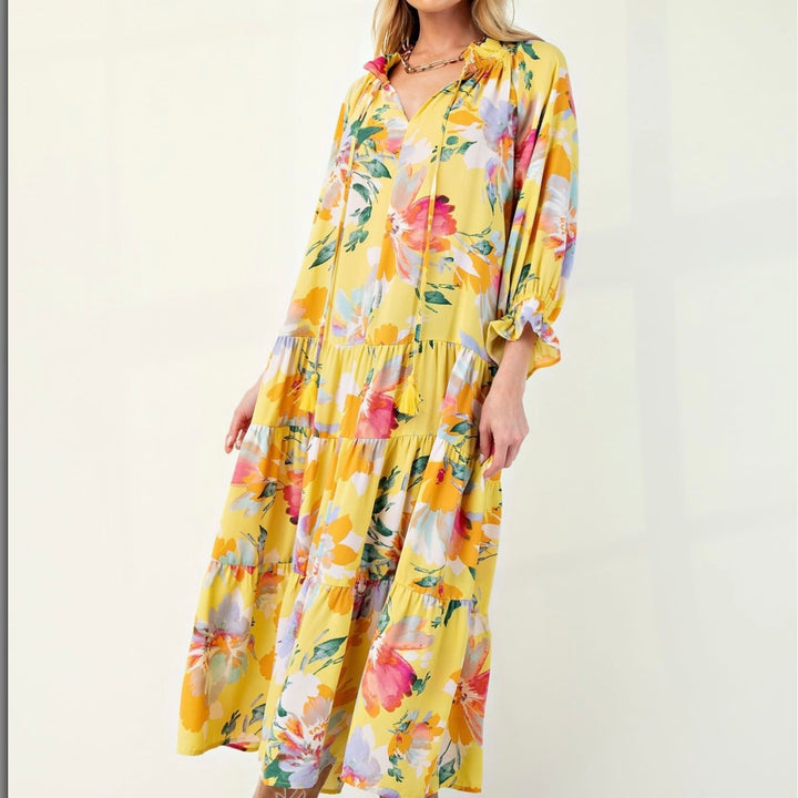 Liza Lou's Women's Maxi Dress Yellow with Floral Pattern