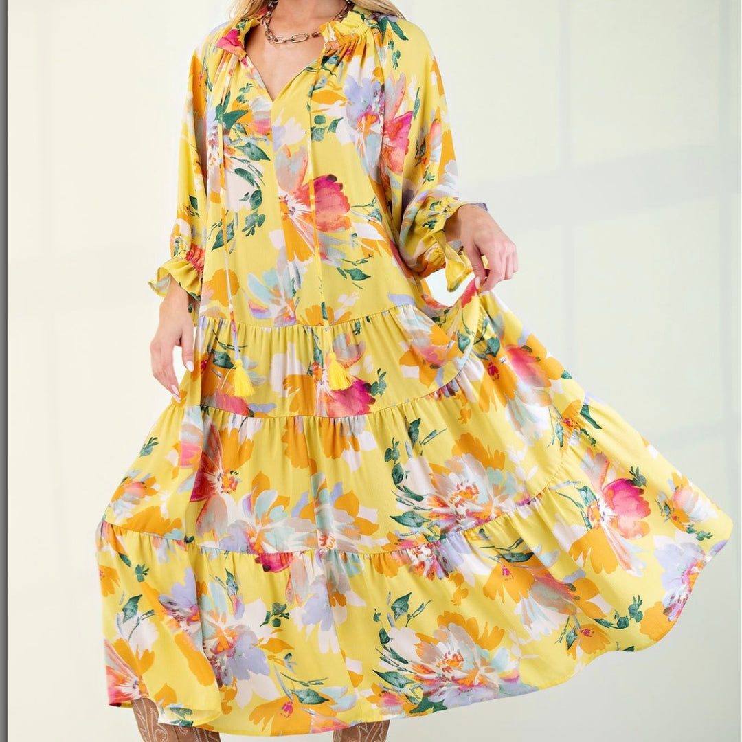 Liza Lou's Women's Maxi Dress Yellow with Floral Pattern
