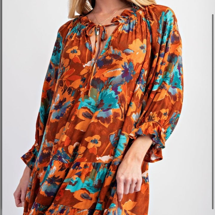 Liza Lou's Women's Maxi Dress Rust &Turquoise Floral Pattern