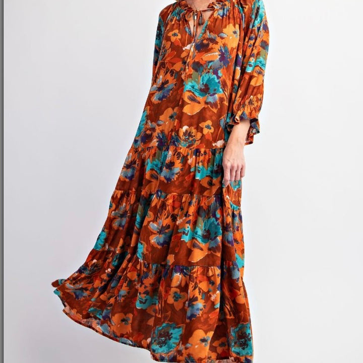 Liza Lou's Women's Maxi Dress Rust &Turquoise Floral Pattern