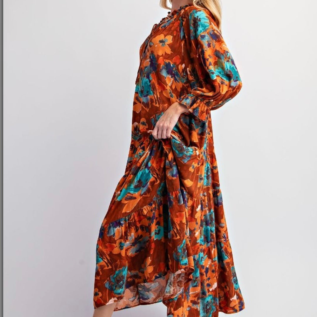 Liza Lou's Women's Maxi Dress Rust &Turquoise Floral Pattern