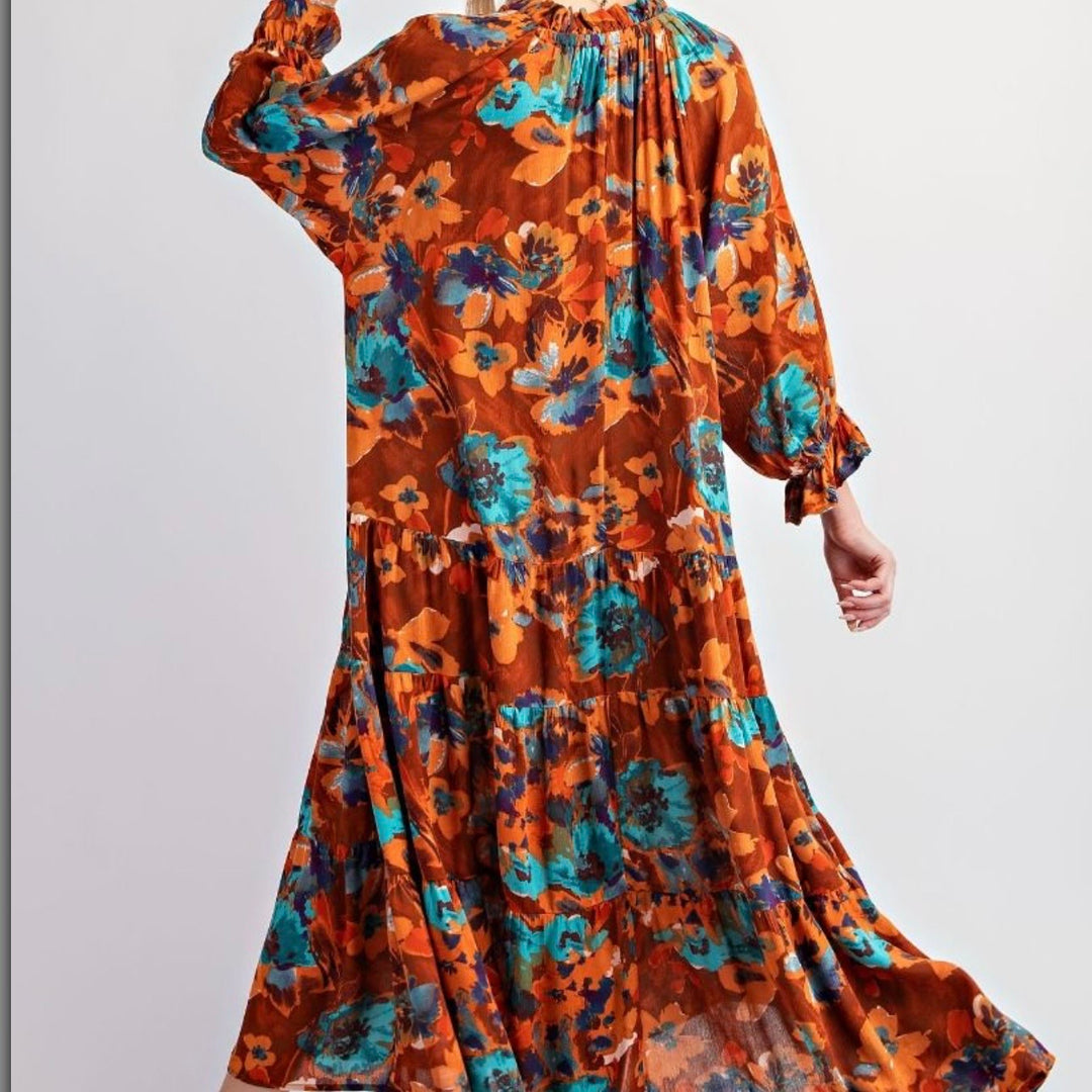 Liza Lou's Women's Maxi Dress Rust &Turquoise Floral Pattern