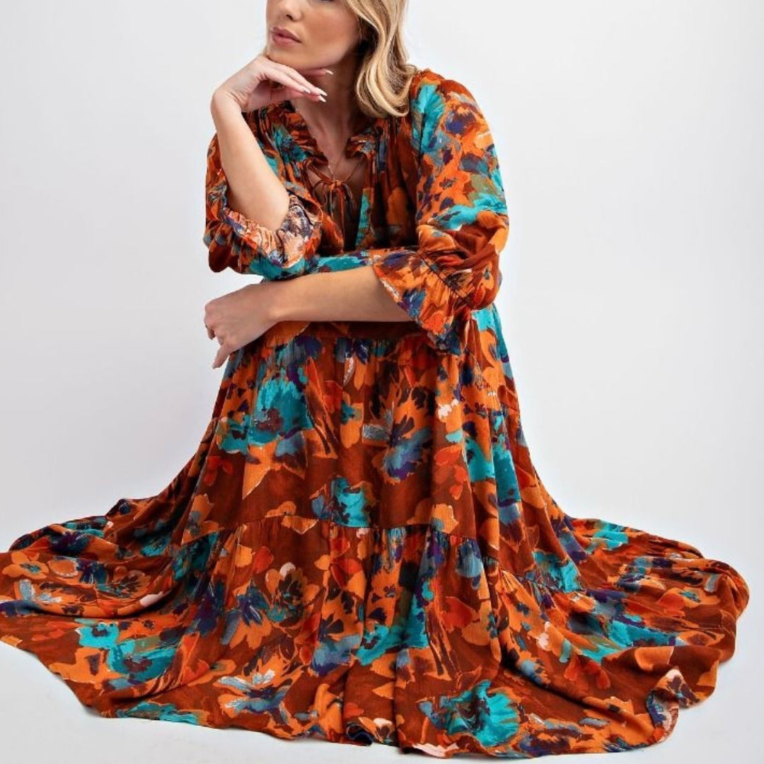 Liza Lou's Women's Maxi Dress Rust &Turquoise Floral Pattern