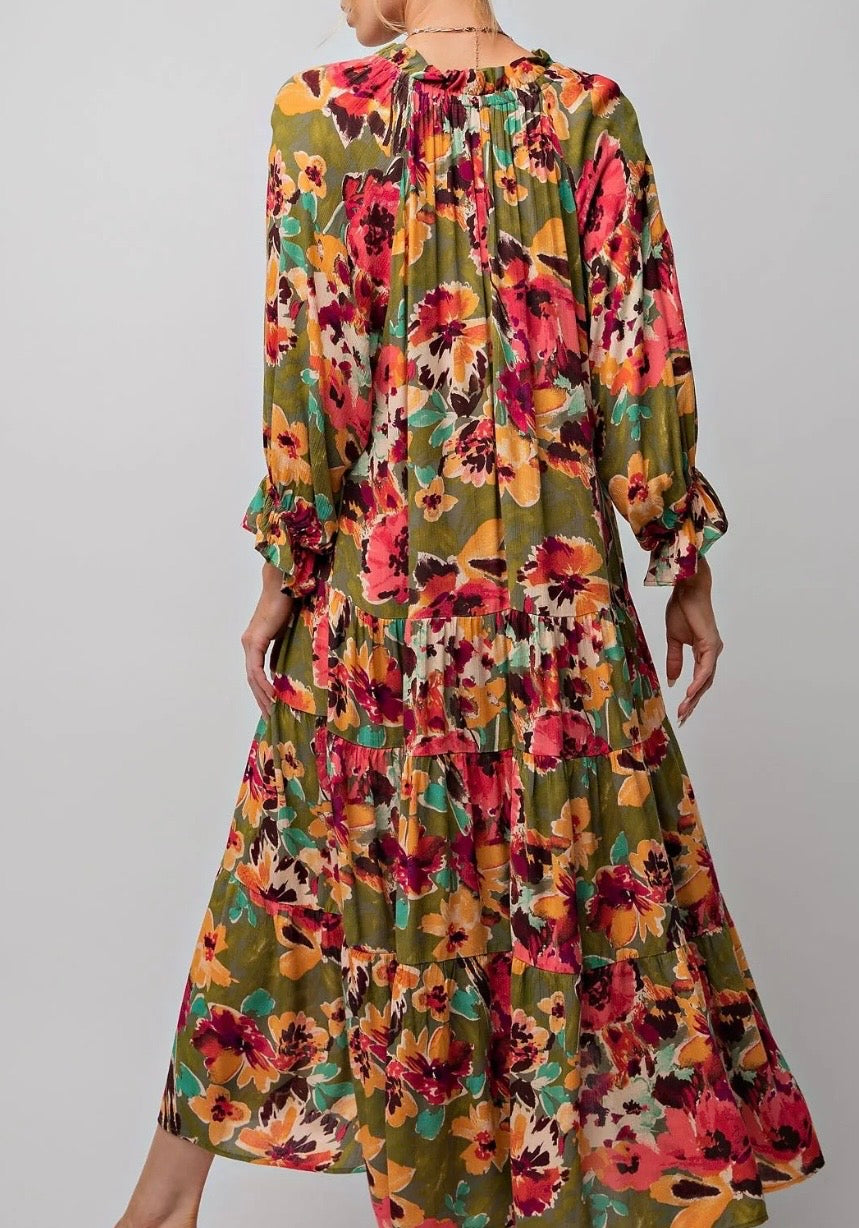Liza Lou's Women's Maxi Dress Olive with Floral Pattern