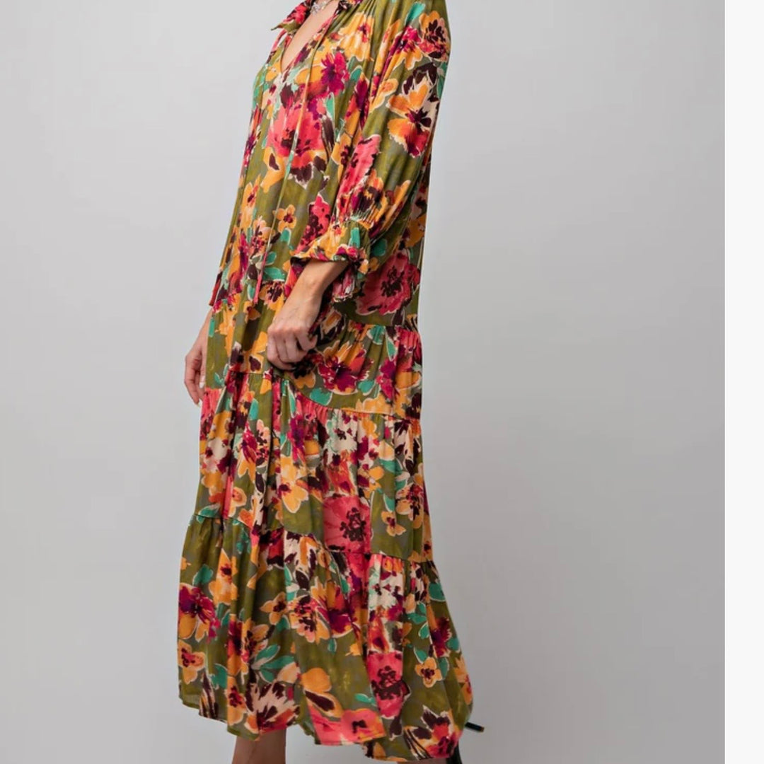 Liza Lou's Women's Maxi Dress Olive with Floral Pattern
