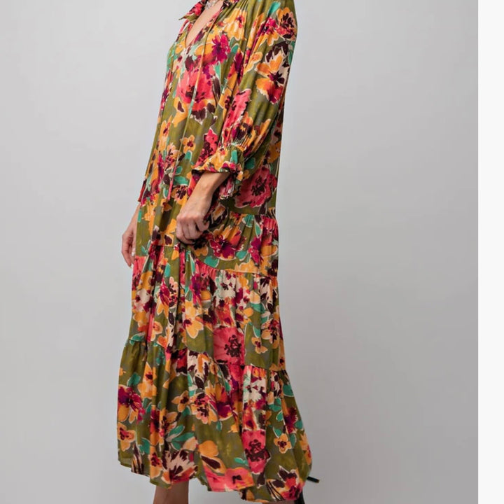 Liza Lou's Women's Maxi Dress Olive with Floral Pattern