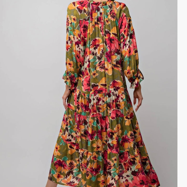 Liza Lou's Women's Maxi Dress Olive with Floral Pattern