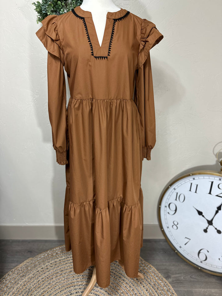 Liza’s Camel Tiered Ruffle shoulder Maxi Dress