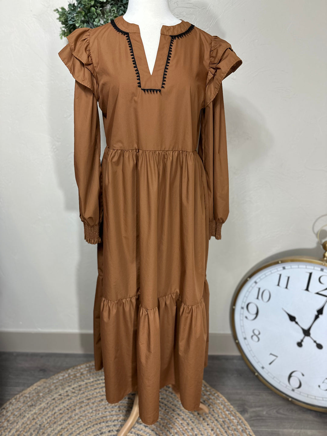 Liza’s Camel Tiered Ruffle shoulder Maxi Dress