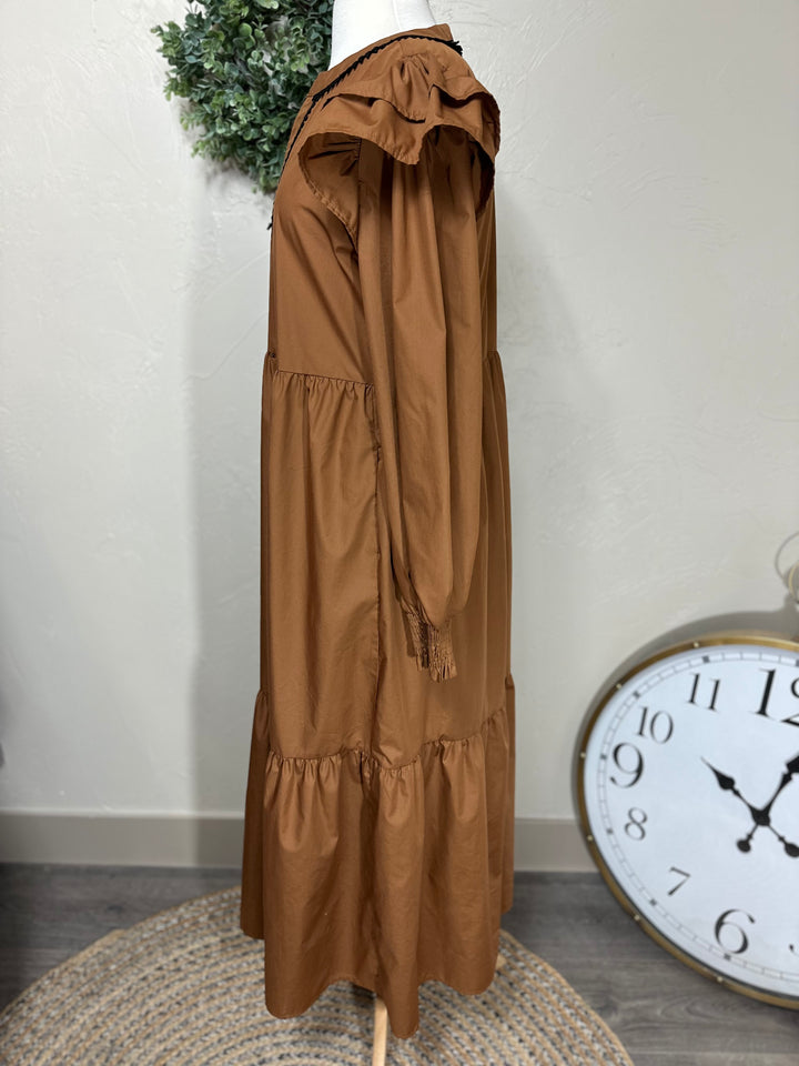 Liza’s Camel Tiered Ruffle shoulder Maxi Dress