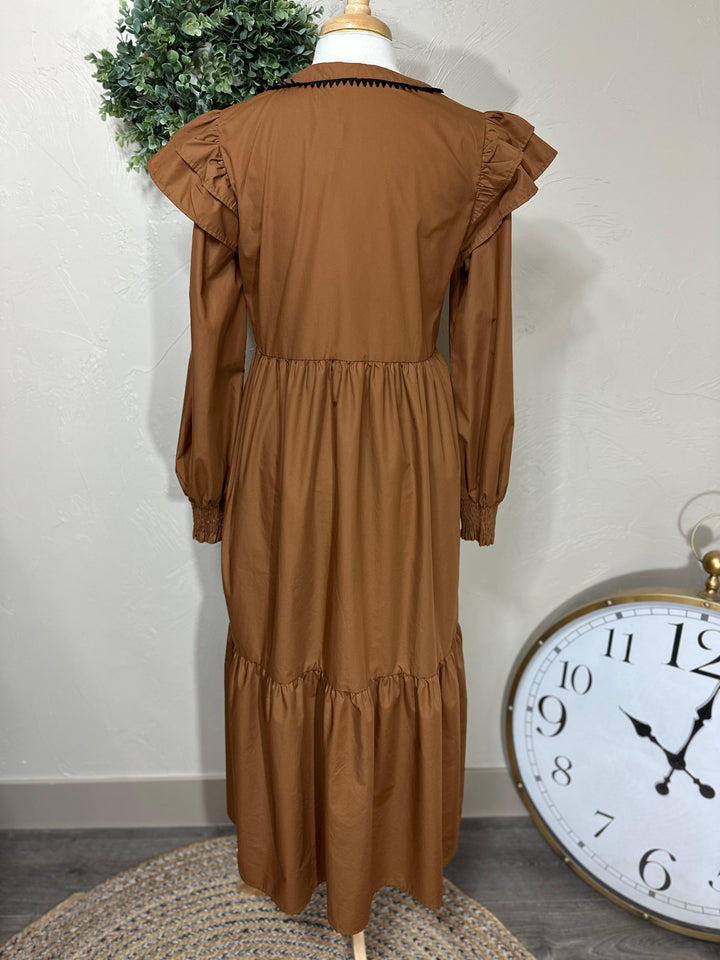 Liza’s Camel Tiered Ruffle shoulder Maxi Dress