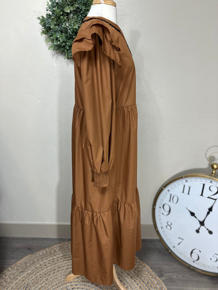 Liza’s Camel Tiered Ruffle shoulder Maxi Dress