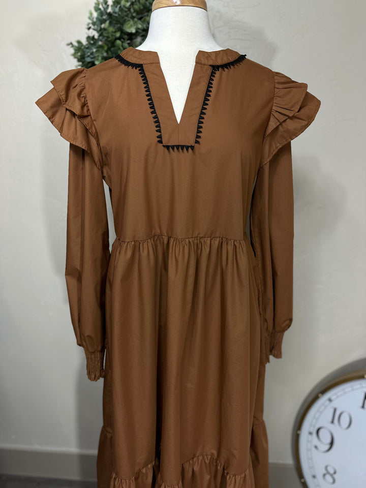 Liza’s Camel Tiered Ruffle shoulder Maxi Dress