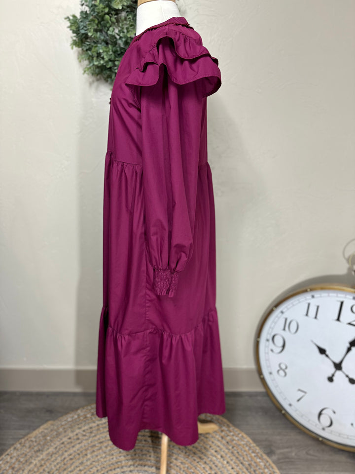 Liza’s Magenta Tiered Ruffle shoulder Maxi Dress