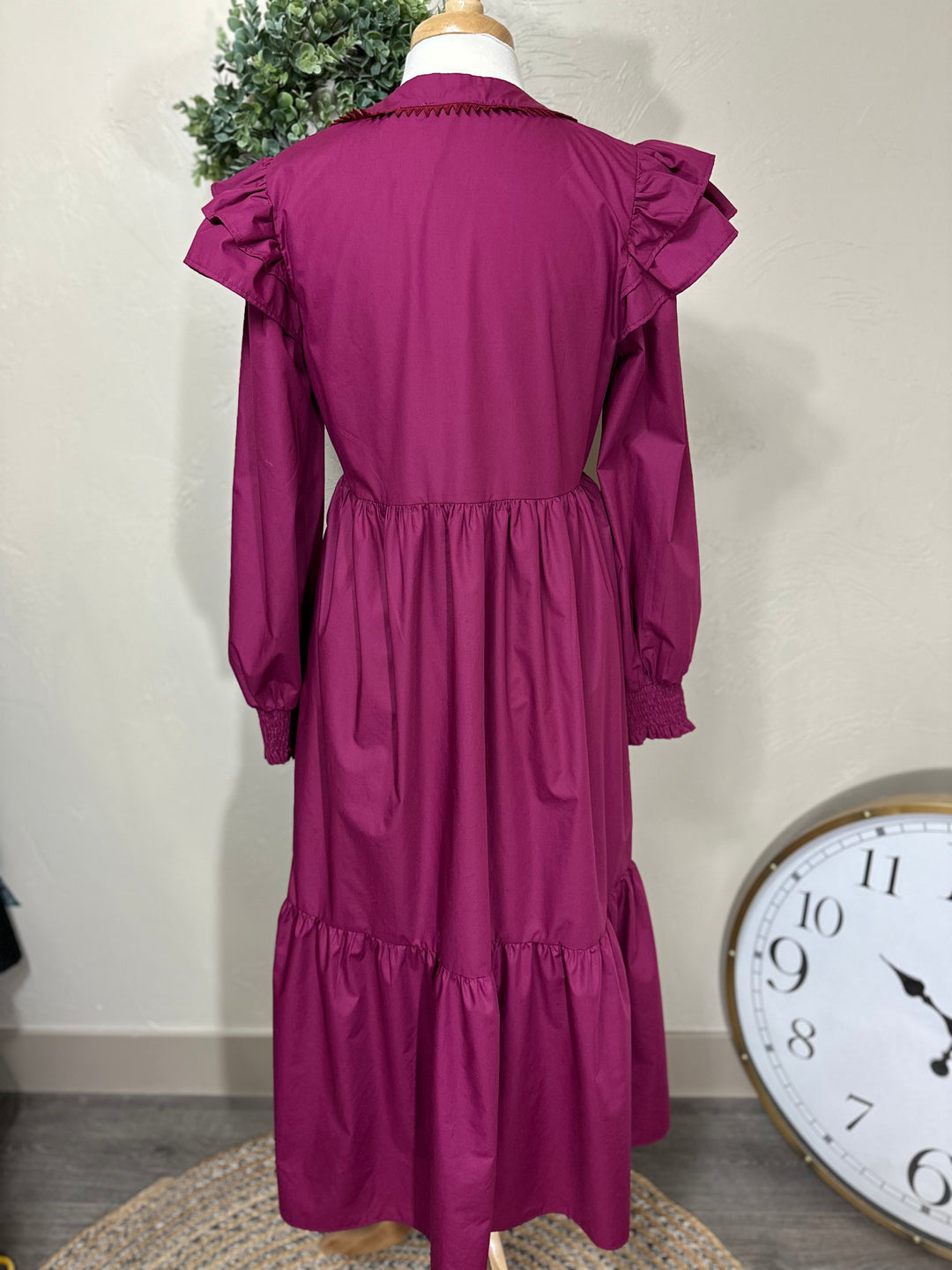 Liza’s Magenta Tiered Ruffle shoulder Maxi Dress