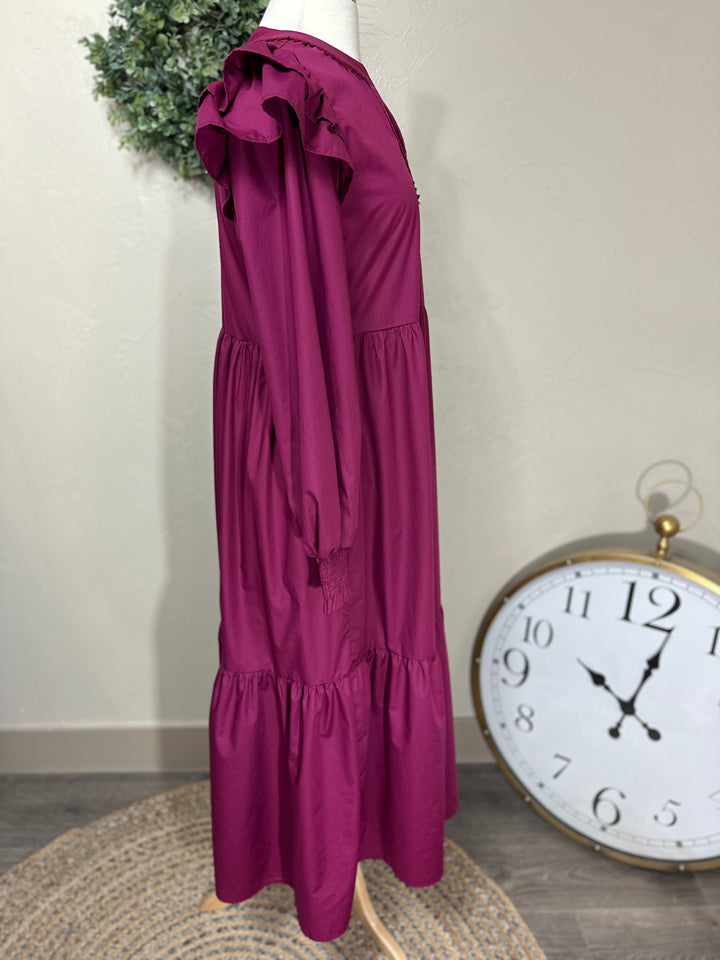 Liza’s Magenta Tiered Ruffle shoulder Maxi Dress