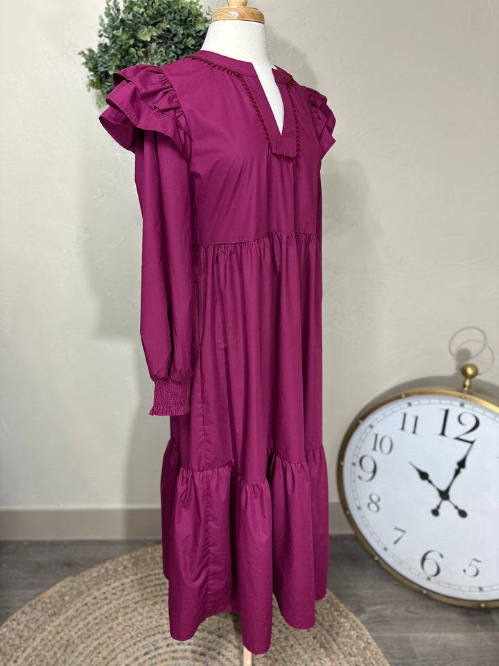 Liza’s Magenta Tiered Ruffle shoulder Maxi Dress