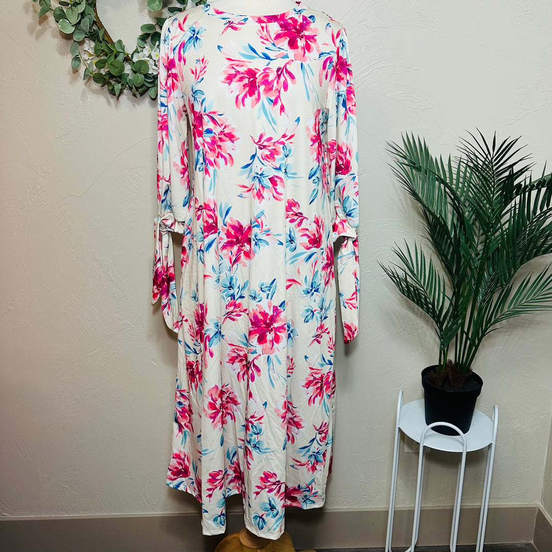 Liza Lou’s Floral Dress with Cute Ties On Sleeves Modest Dress