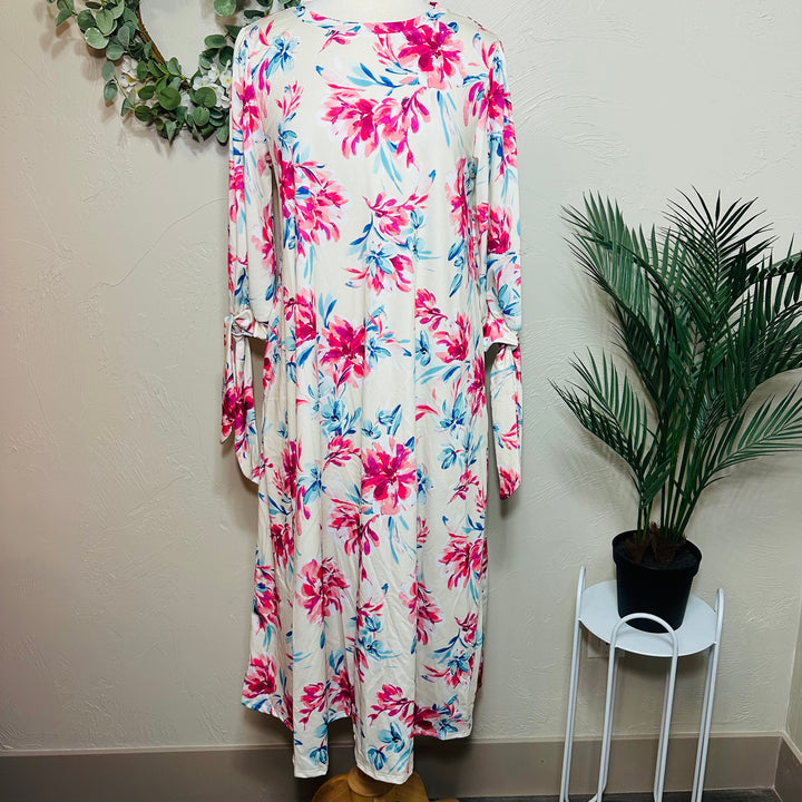 Liza Lou’s Floral Dress with Cute Ties On Sleeves Modest Dress