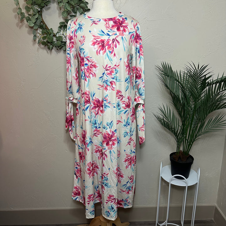 Liza Lou’s Floral Dress with Cute Ties On Sleeves Modest Dress