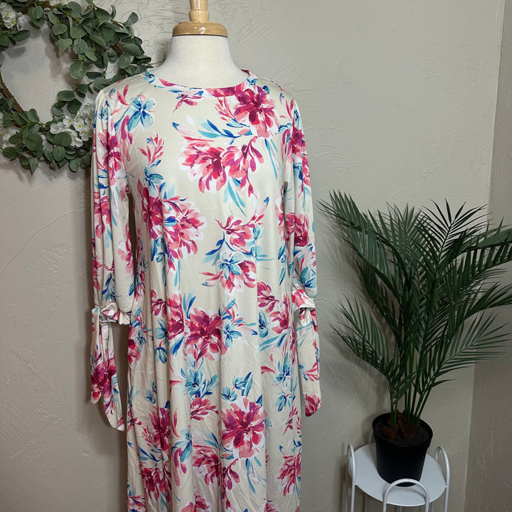 Liza Lou’s Floral Dress with Cute Ties On Sleeves Modest Dress