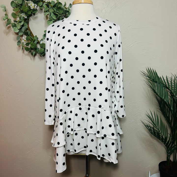 Liza Lou's White with Black Polka Dot Top with Ruffle