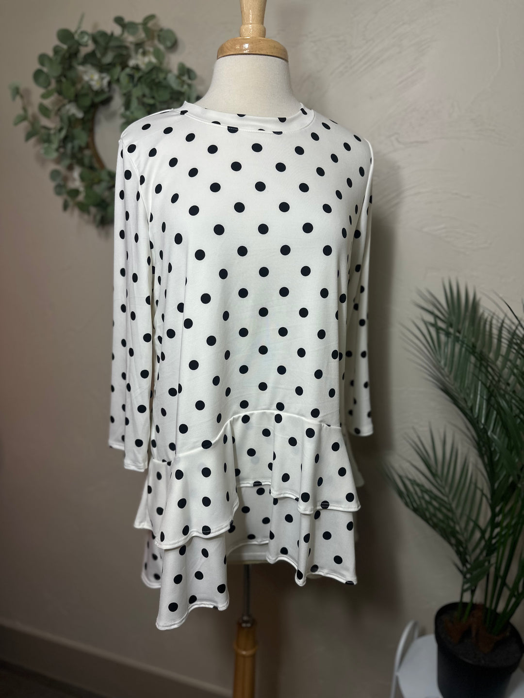 Liza Lou's White with Black Polka Dot Top with Ruffle