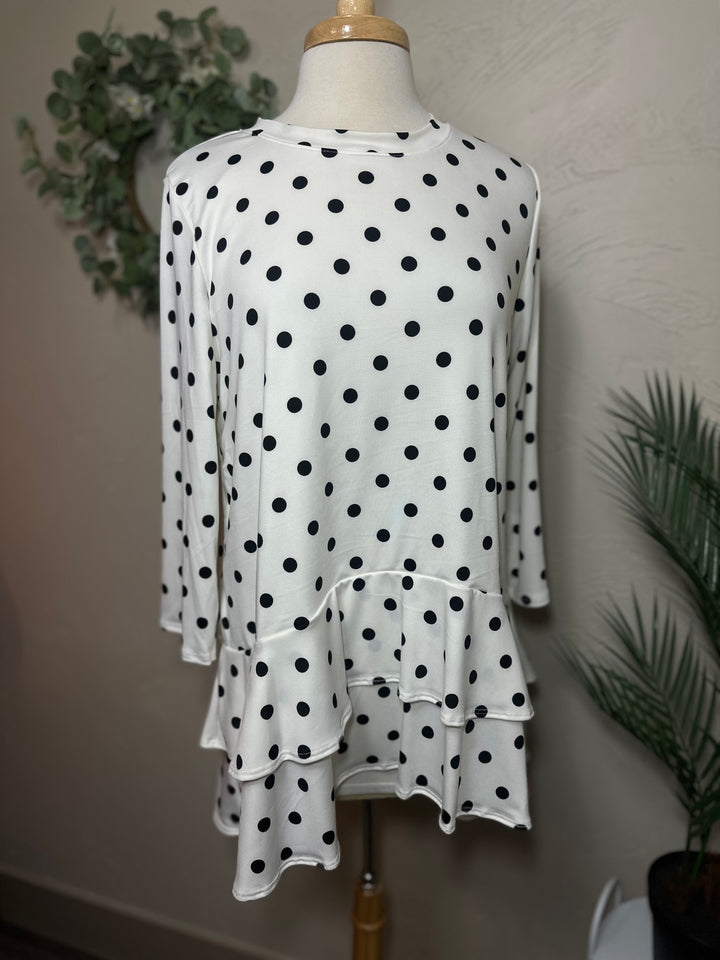 Liza Lou's White with Black Polka Dot Top with Ruffle
