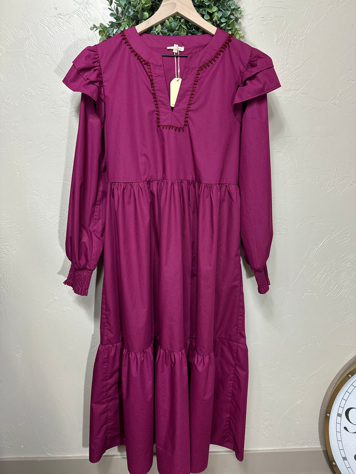 Liza’s Magenta Tiered Ruffle shoulder Maxi Dress